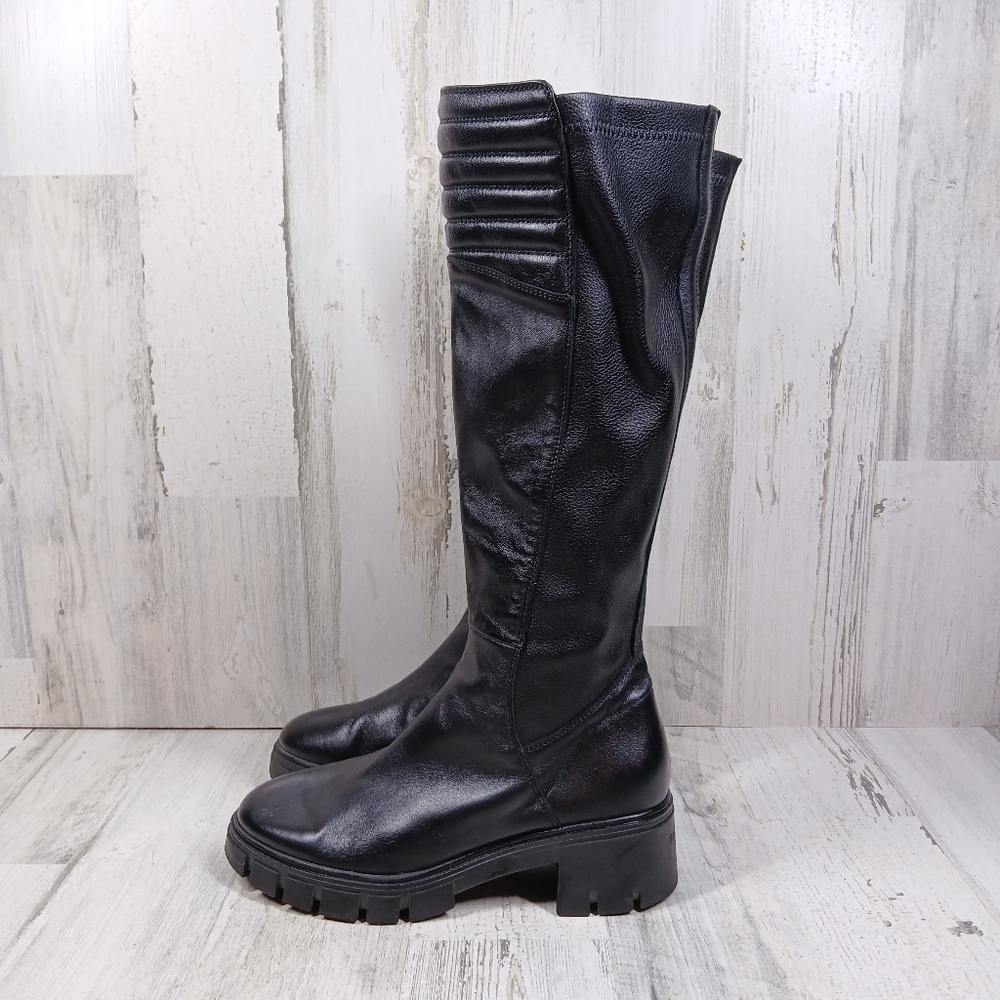 Ron White Knee High Boots Women 37 Black Leather Quilted Moto Lug Sole Platform